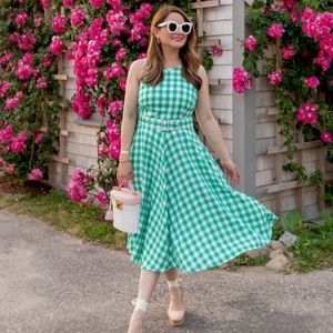 Eliza J Green & White Gingham Midi Belted Fit & Flare Dress Size 8 Blogger Fave